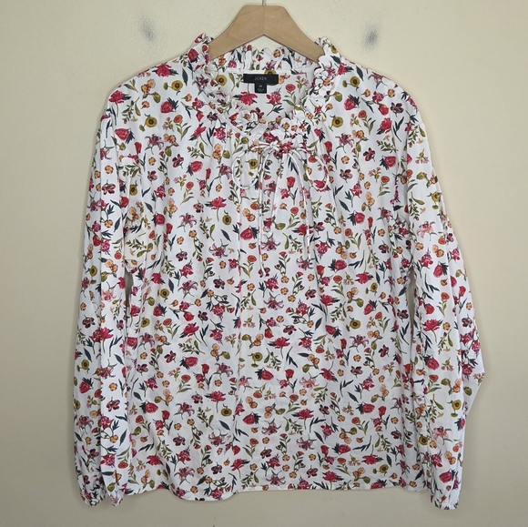 J. Crew | Floral Scalloped Long Sleeve Tie Neck Blouse Size Medium 100% Cotton - Picture 1 of 6